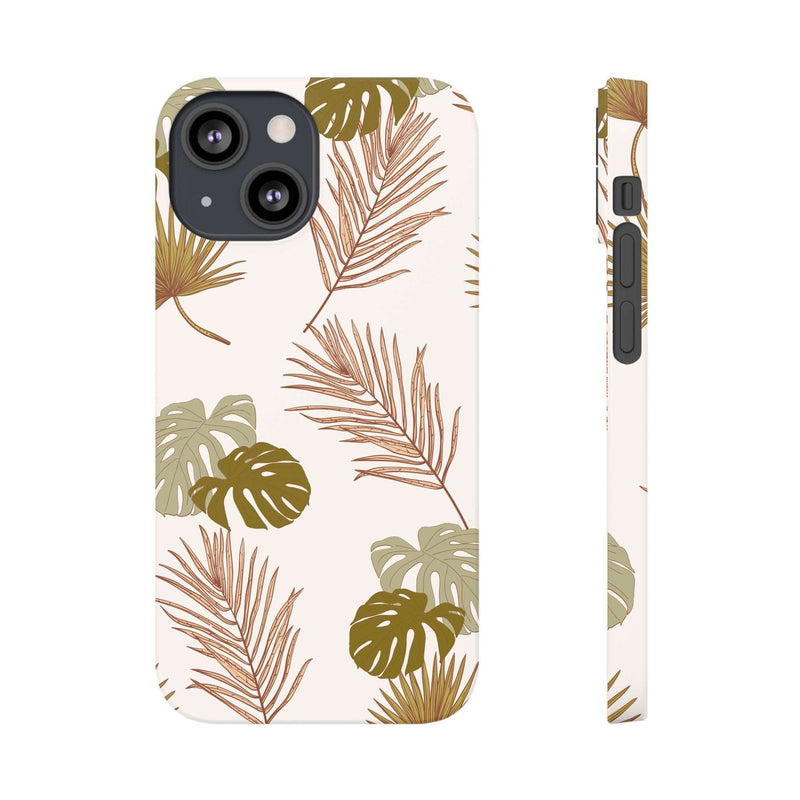 Nature-inspired mobile phone case with tropical leaf design, sleek and durable polycarbonate, compatible with iPhone 16 series, offers wireless charging support.