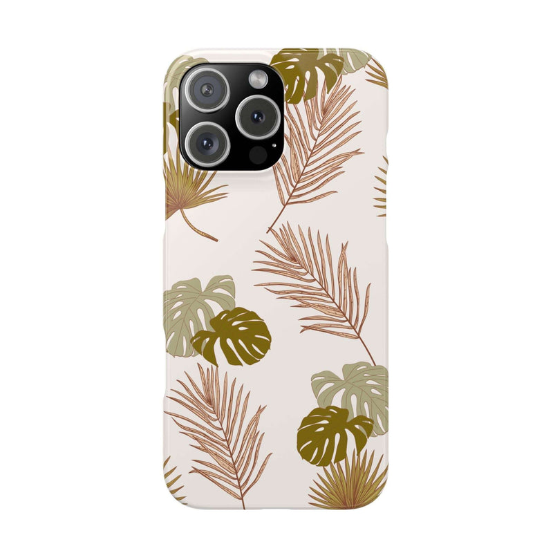 Nature-inspired mobile phone case with tropical leaf design, polycarbonate, slim, durable, supports wireless charging.