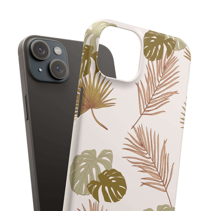 Nature-Inspired mobile phone case with tropical leaf design, durable polycarbonate, supports wireless charging, available in matte or glossy finish.