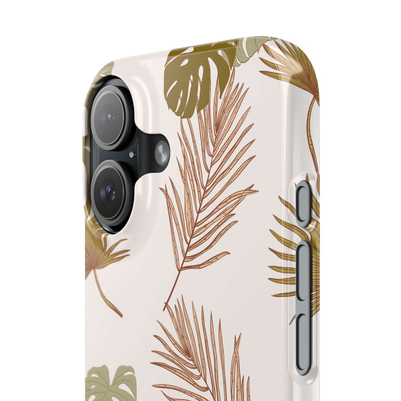 Nature-inspired mobile phone case with tropical leaf design, durable polycarbonate, slim fit, supports wireless charging.