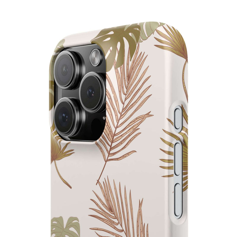 Nature-Inspired Mobile Phone Case with tropical leaf design, slim and durable polycarbonate, supports wireless charging.