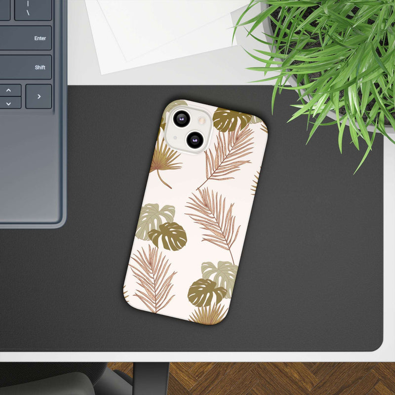 Nature-inspired mobile phone case with tropical leaf design, polycarbonate material, supports wireless charging, available in matte or glossy finish.