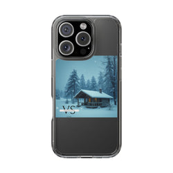 Vantage Style Elegant Mobile Case with iconic logo, showcasing a stylish winter cabin design, offering protection and sophistication.