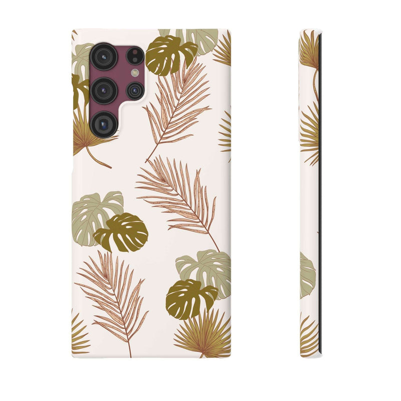 Nature-inspired mobile phone case with tropical leaf design, slim and stylish.