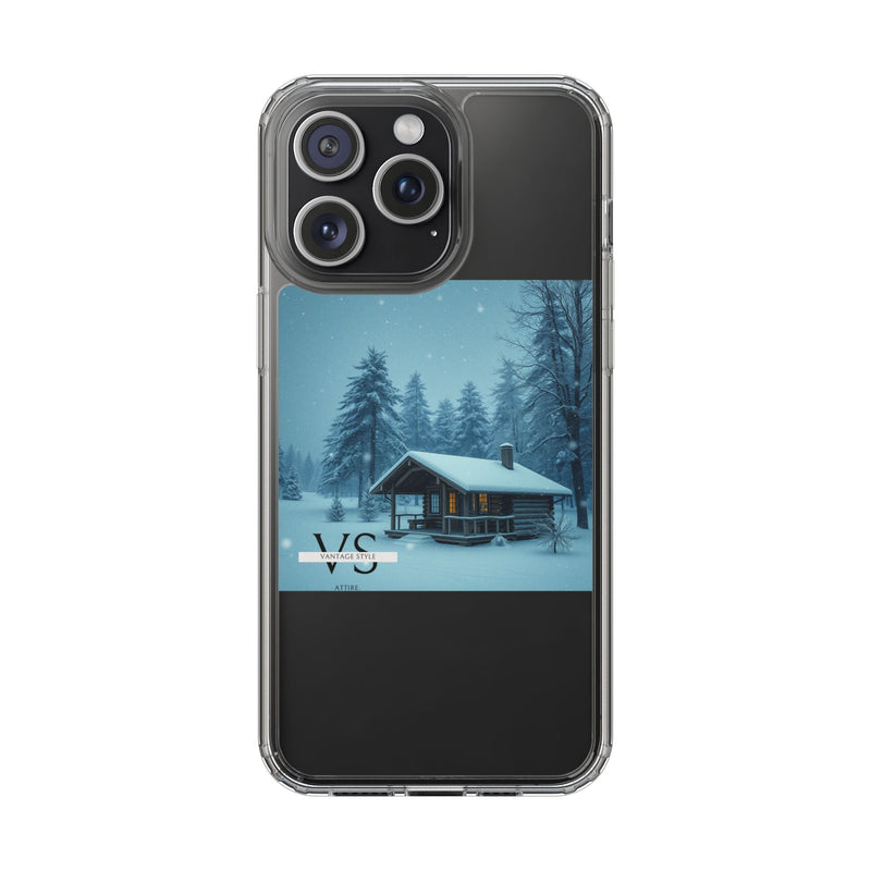 Vantage Style Elegant Mobile Case with iconic logo and winter cabin design, offering stylish protection with a slim, durable polycarbonate and TPU build.