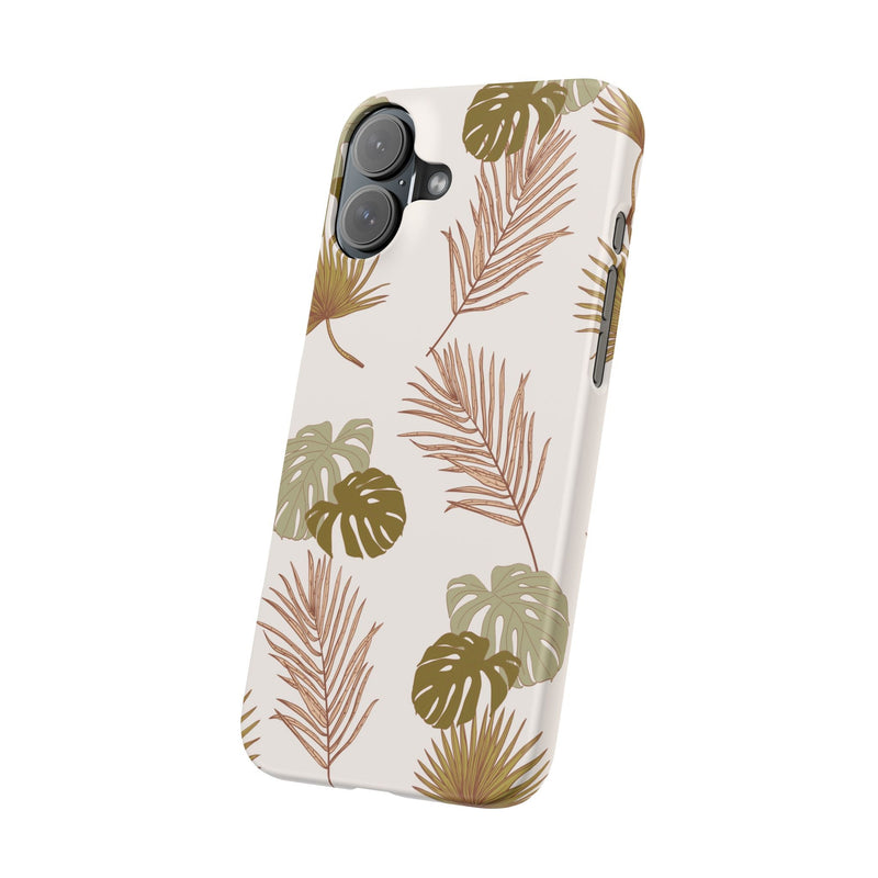 Nature-inspired mobile phone case with tropical leaf design, slim and durable polycarbonate, supports wireless charging.