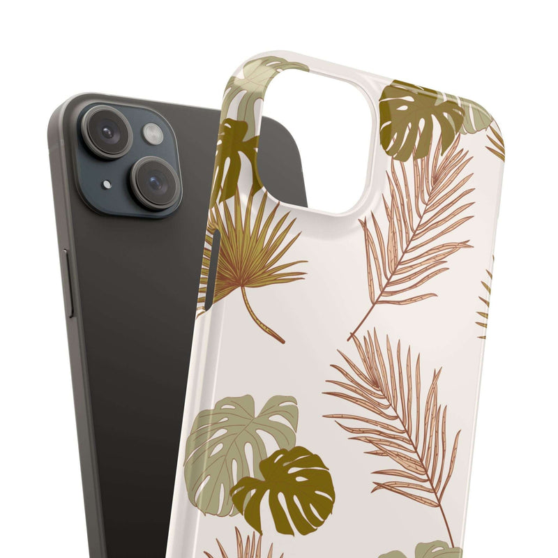 Nature-inspired mobile phone case with tropical leaf design, slim polycarbonate protection, available in matte or glossy finish, supports wireless charging.