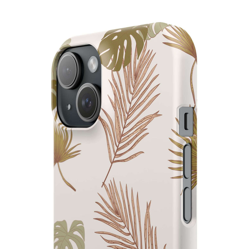 Nature-inspired mobile phone case with tropical leaf design, durable polycarbonate, slim fit, iPhone 16 compatible.