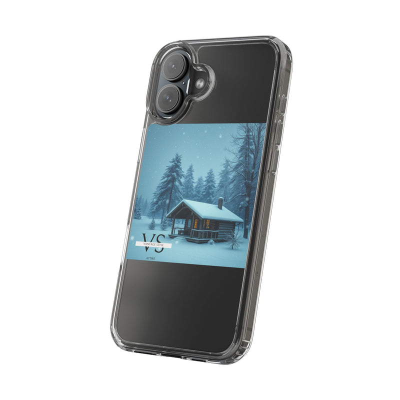 Vantage Style Elegant Mobile Case with iconic logo and winter cabin design, offering stylish protection and durability.