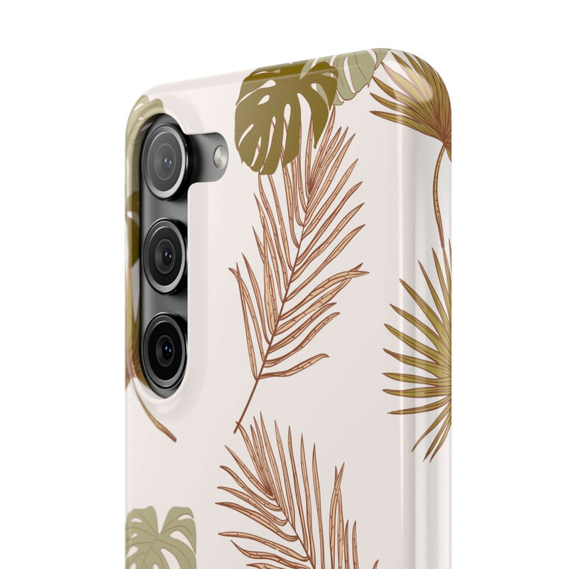 Nature-inspired mobile phone case with tropical leaf design, sleek and durable polycarbonate material.