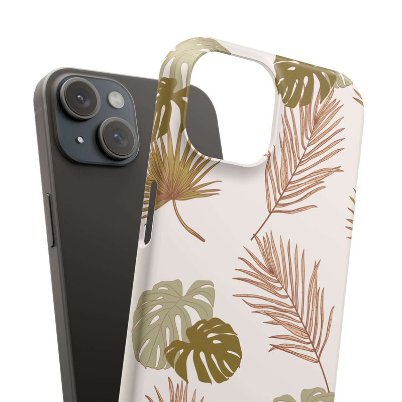 Nature-inspired mobile phone case with tropical leaf design, slim and durable polycarbonate, supports wireless charging, available in matte or glossy finish.