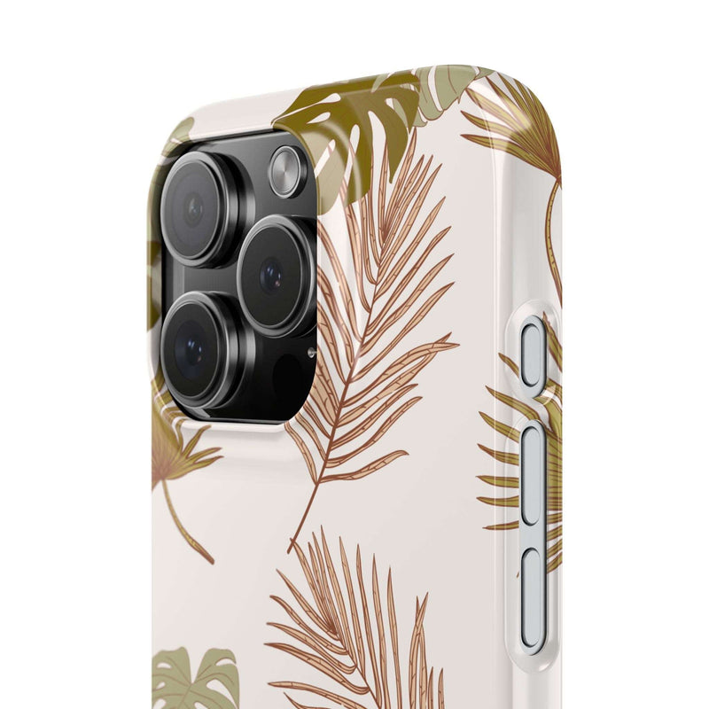 Nature-inspired mobile phone case with tropical leaf design, slim and durable polycarbonate, supports wireless charging.