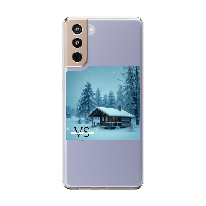 Vantage Style Elegant Mobile Case with Iconic Logo, stylish protection featuring winter cabin design.