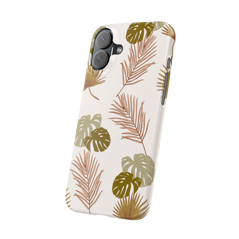 Nature-inspired mobile phone case with tropical leaf design, slim and durable, supports wireless charging.