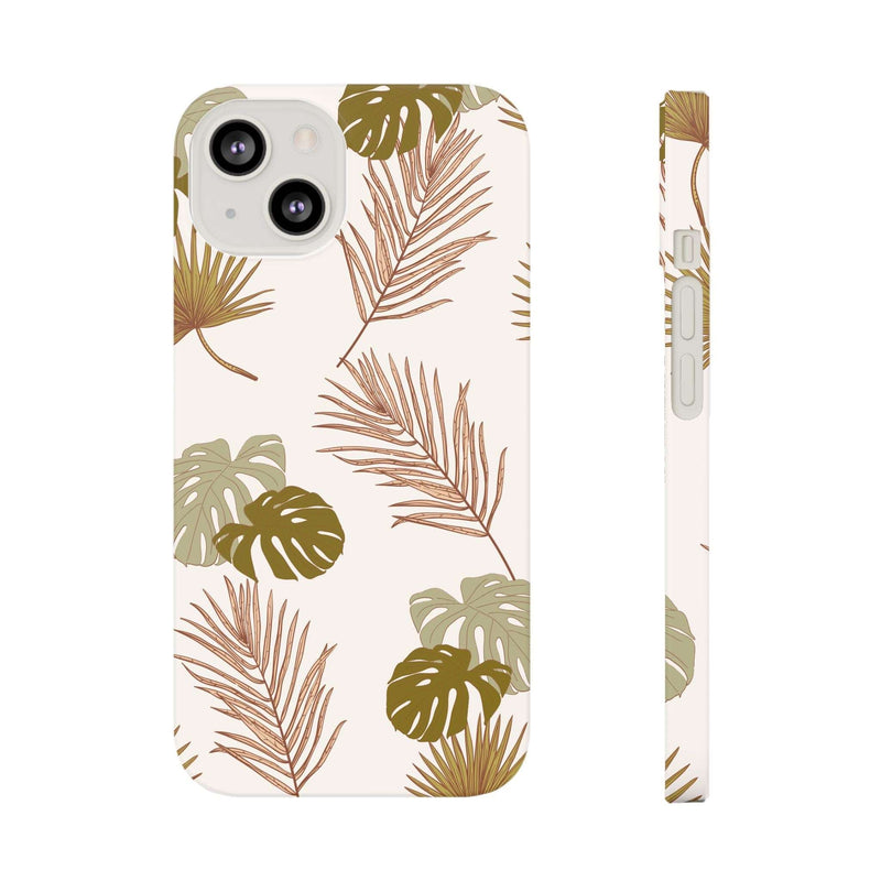 Nature-inspired mobile phone case with tropical leaf design, sleek polycarbonate build, lightweight, supports wireless charging.