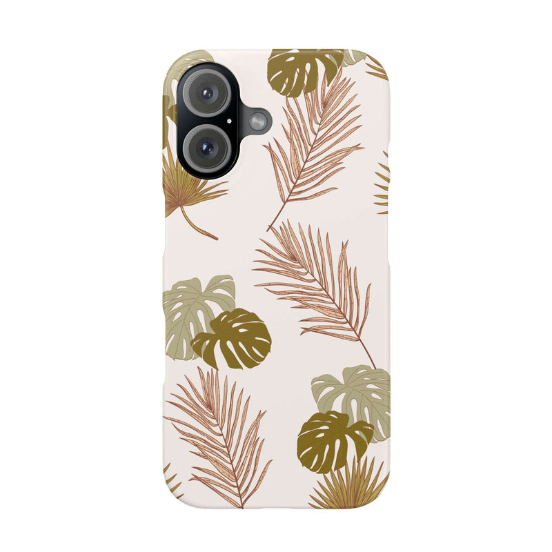 Nature-inspired mobile phone case with tropical leaf design, slim and durable, polycarbonate material, supports wireless charging.