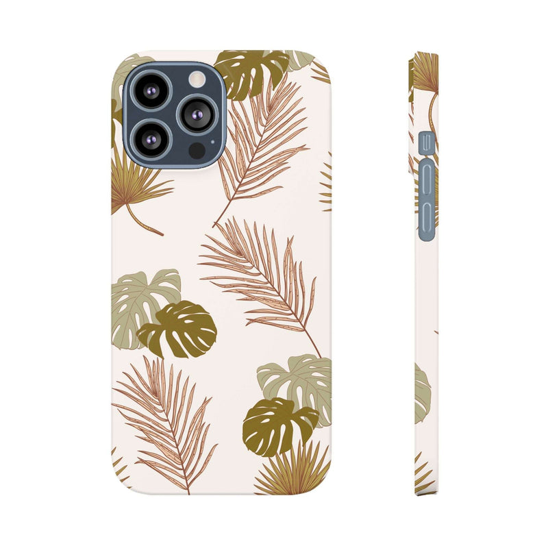 Nature-inspired mobile phone case with tropical leaf design; sleek, durable, polycarbonate protection for iPhone 16, supports wireless charging.