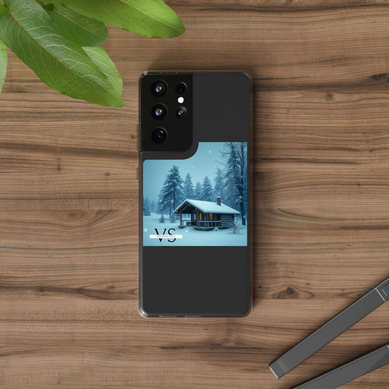 Vantage Style Elegant Mobile Case with Iconic Logo and Forest Design on Wooden Surface