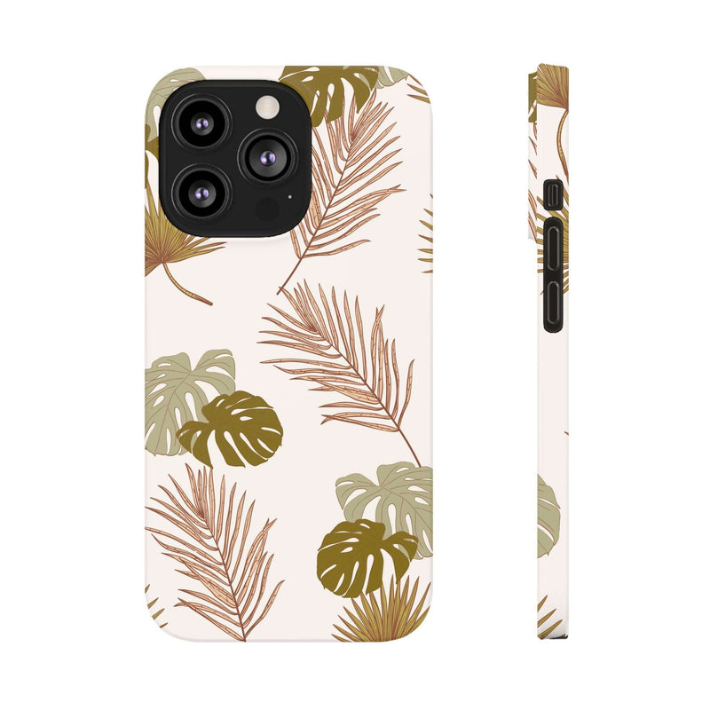 Nature-inspired mobile phone case with tropical leaf design, durable polycarbonate, lightweight, sleek, supports wireless charging, compatible with iPhone 16 series.