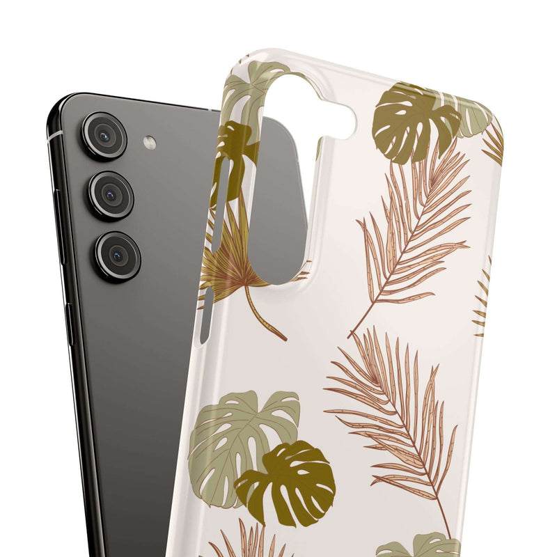 Nature-Inspired Mobile Phone Case with tropical leaf design, slim polycarbonate cover, supports wireless charging.