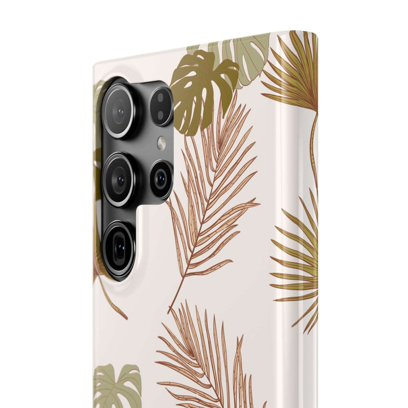 Nature-inspired mobile phone case with tropical leaf design, sleek and durable protection for iPhone 16, available in matte or glossy finish.