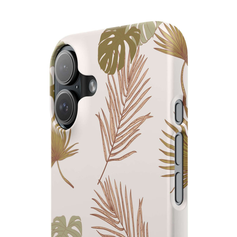 Nature-inspired mobile phone case with tropical leaf design, slim polycarbonate construction, supports wireless charging, available in matte or glossy finish.