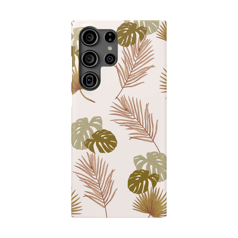 Nature-inspired mobile phone case with tropical leaf design, slim and durable polycarbonate, supports wireless charging.