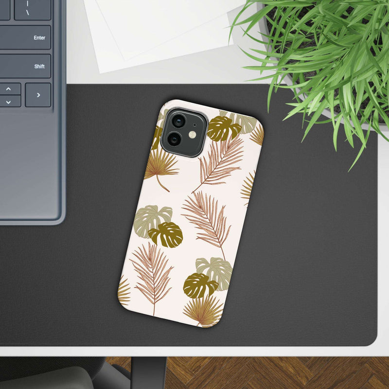 Nature-Inspired Mobile Phone Case with tropical leaf design, showcasing a slim and durable protection for iPhone, offering matte or glossy finish, wireless charging support, and full-wrap print.