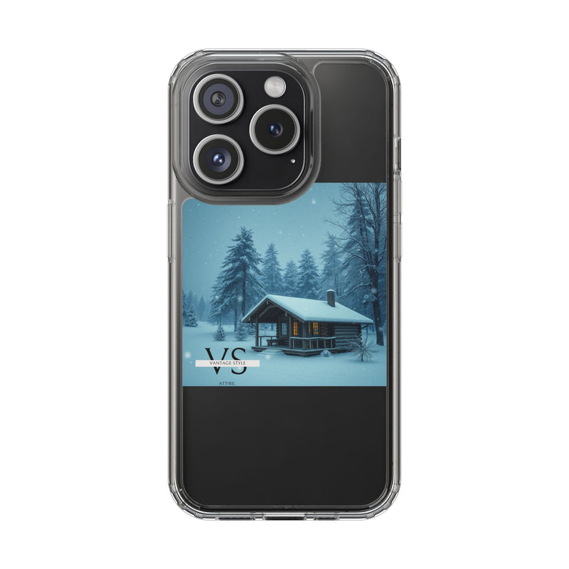 Vantage Style Elegant Mobile Case with iconic logo and winter cabin design, offering stylish protection and sophistication.