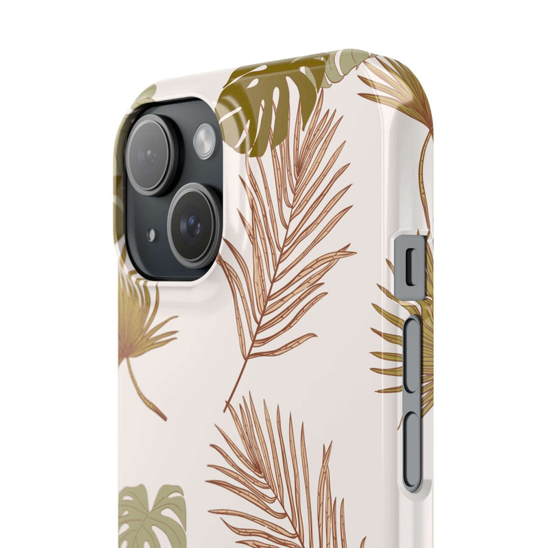 Nature-Inspired Mobile Phone Case with tropical leaf design, slim and durable polycarbonate, supports wireless charging, available in matte or glossy finish.