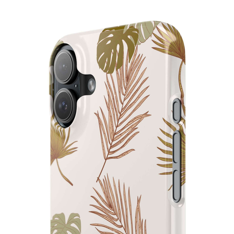 Nature-inspired mobile phone case with tropical leaf design, slim and durable polycarbonate, supports wireless charging.