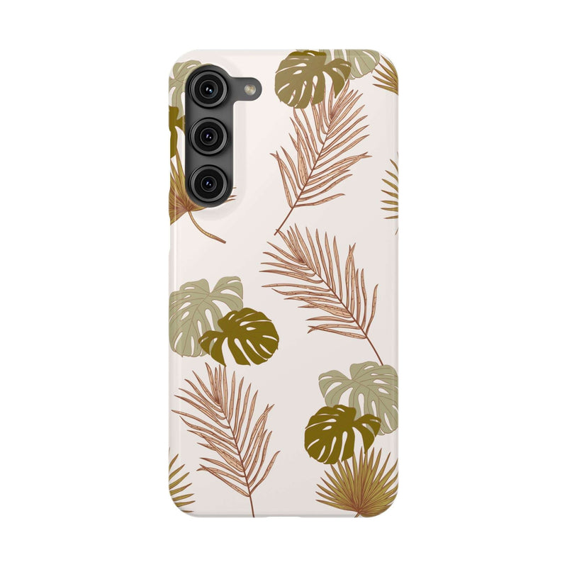 Nature-inspired mobile phone case with tropical leaf design, slim and durable polycarbonate, supports wireless charging.