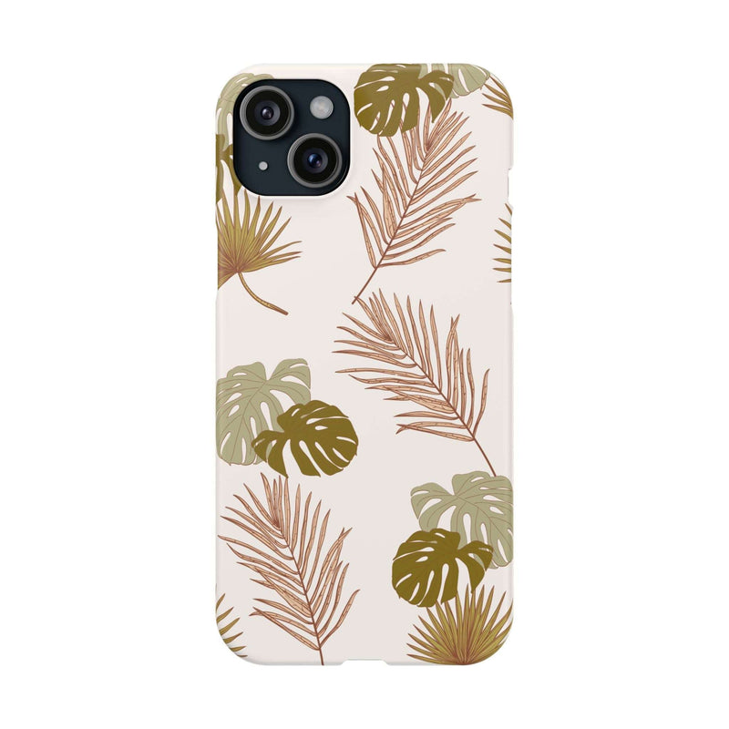 Nature-inspired mobile phone case with tropical leaf design, slim and durable polycarbonate, supports wireless charging.