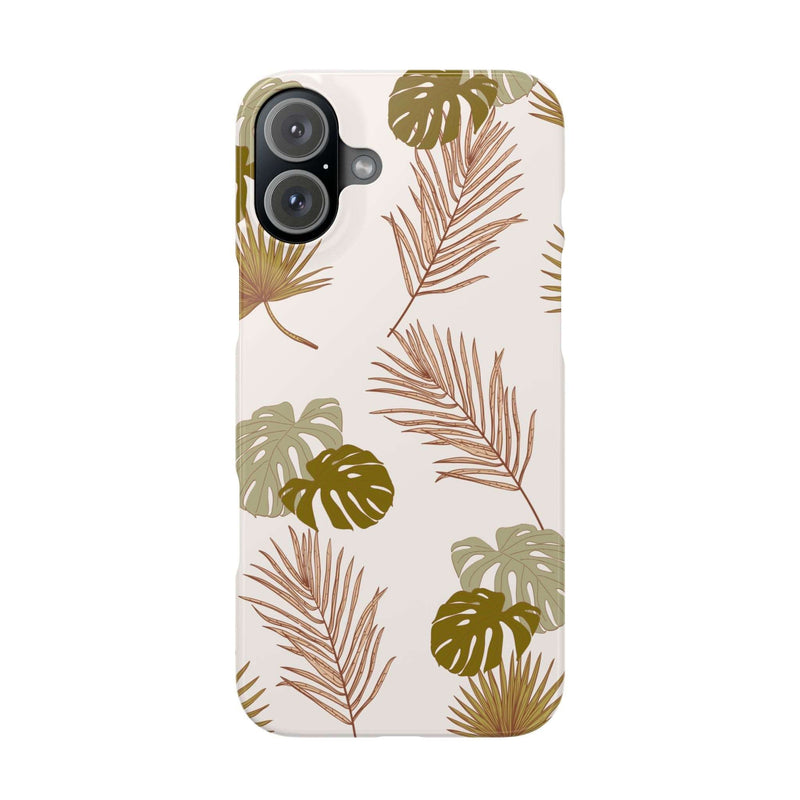 Nature-inspired mobile phone case with tropical leaf design, slim and durable polycarbonate, supports wireless charging.