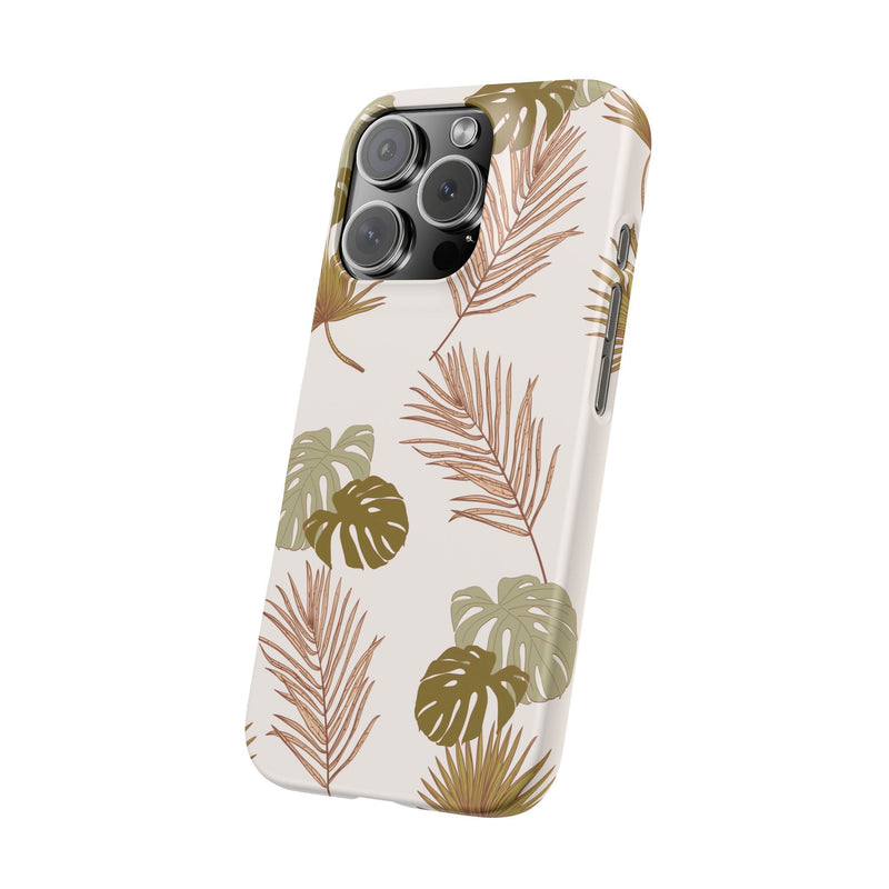 Nature-inspired mobile phone case with tropical leaf design, slim polycarbonate material, supports wireless charging, available in matte or glossy finish.