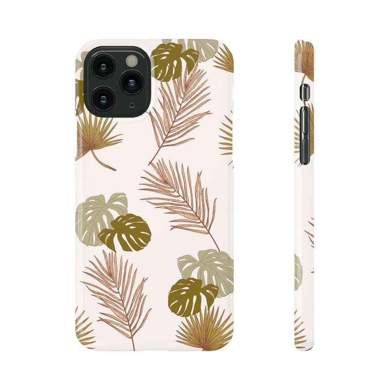 Nature-inspired mobile phone case with tropical leaf design, polycarbonate construction, sleek and durable for iPhone 16, available in matte or glossy finish.