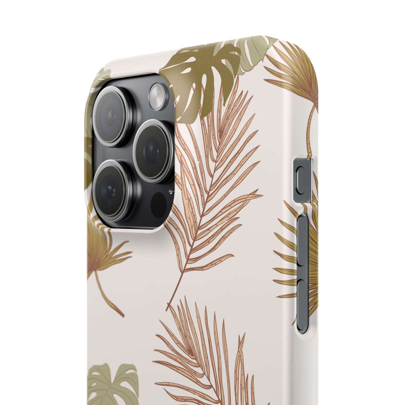 Nature-Inspired Mobile Phone Case with tropical leaf design, sleek polycarbonate build, wireless charging compatible.