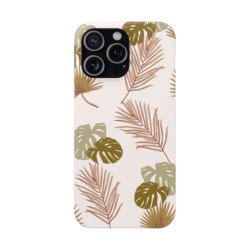 Nature-Inspired Mobile Phone Case with tropical leaf design, polycarbonate material, supports wireless charging, available for iPhone 16 series.