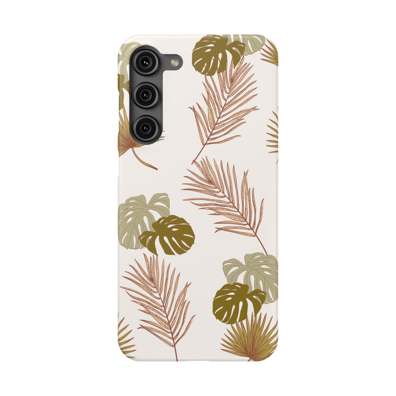 Nature-Inspired Mobile Phone Case with tropical leaf design, lightweight, polycarbonate, slim-fit, wireless charging compatible.