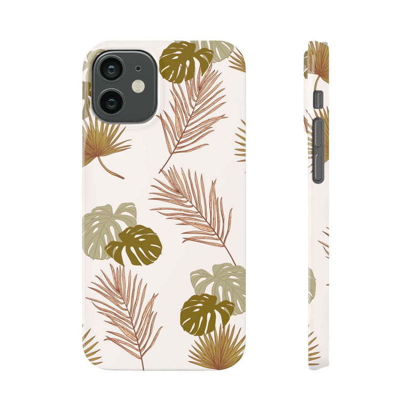 Nature-inspired mobile phone case with tropical leaf design, slim and durable, supporting wireless charging, available in matte or glossy finish.