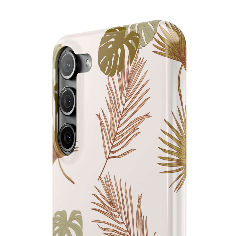 Nature-inspired mobile phone case with tropical leaf design, slim polycarbonate, wireless charging compatible, available in matte or glossy finish.