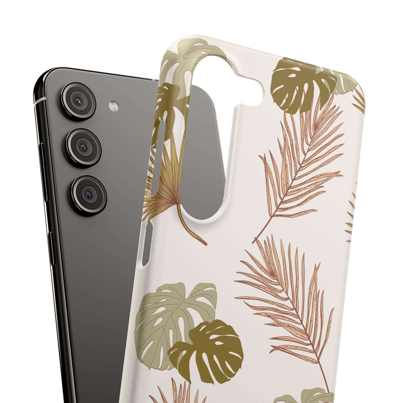 Nature-inspired mobile phone case with tropical leaf design, sleek protection, available for iPhone 16 series.