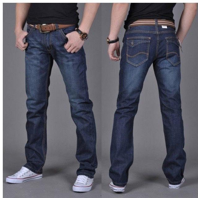 Fashionable and comfortable men's jeans showcasing sleek straight-leg fit and premium-quality denim.