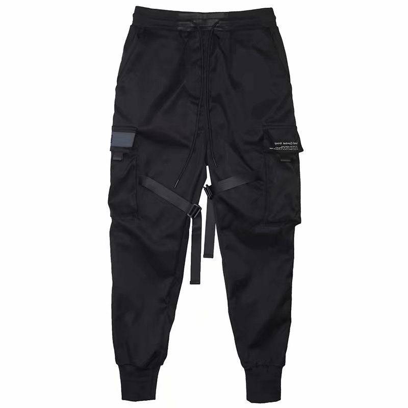 Black casual cargo pants with multiple pockets and ribbons, Korean style, made from premium cotton.