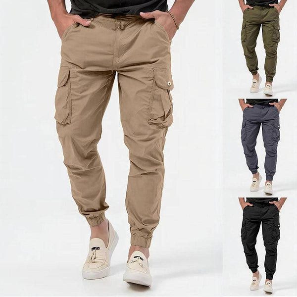 Men's stylish cargo trousers with 3D pockets in solid colors, versatile casual pants.