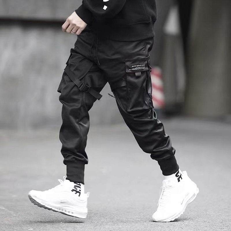 Casual Cargo Pants with Pockets - Black Hip Hop Streetwear.