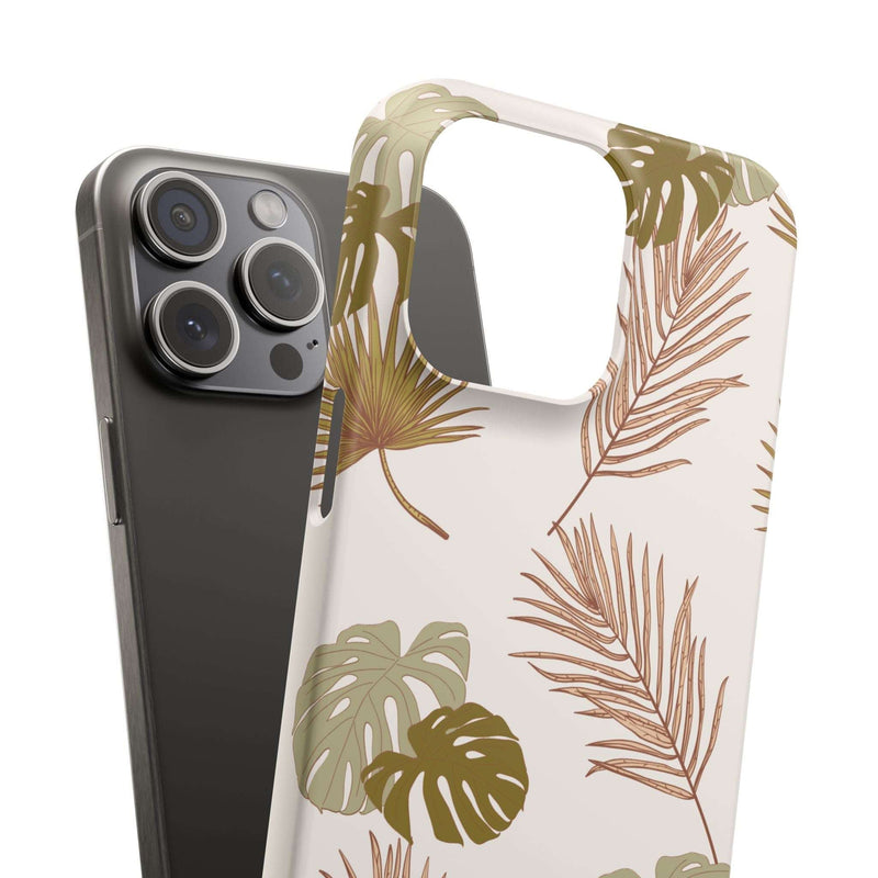 Nature-Inspired Mobile Phone Case with tropical leaf design for iPhone 16; sleek, durable polycarbonate; available in matte or glossy finish; supports wireless charging.