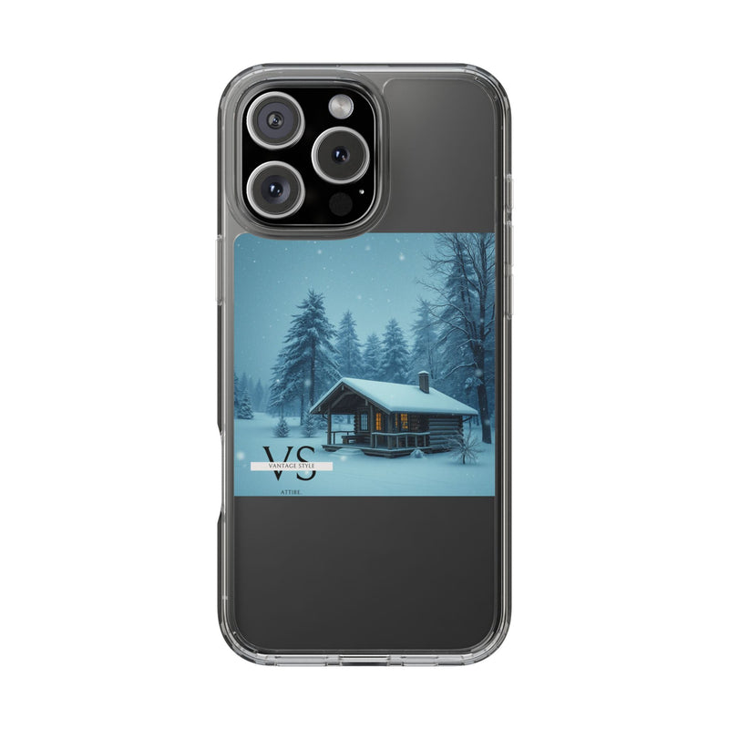 Vantage Style Elegant Mobile Case with Iconic Logo showcasing a snowy cabin design.