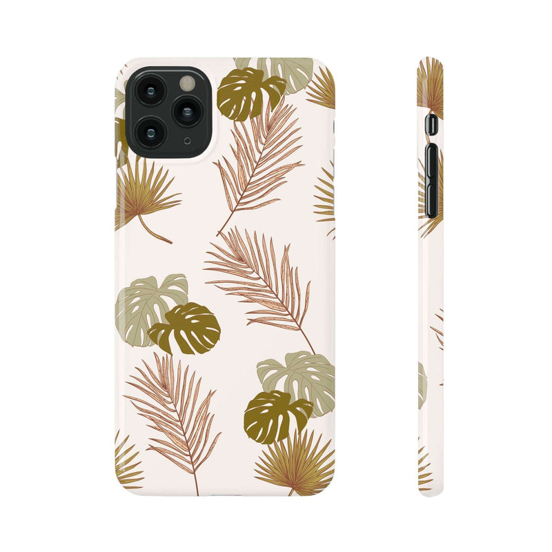 Nature-inspired mobile phone case with tropical leaf design, slim and durable polycarbonate, wireless charging support, available in glossy or matte finish.