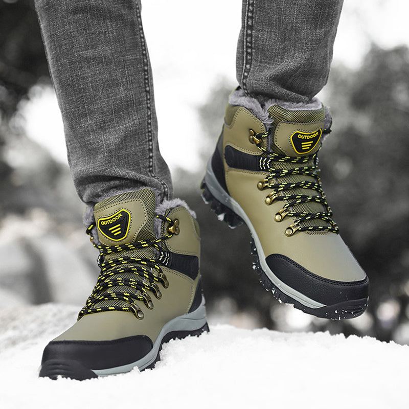 Men's winter boots with plush lining and hiking lace-up design for outdoor adventures.